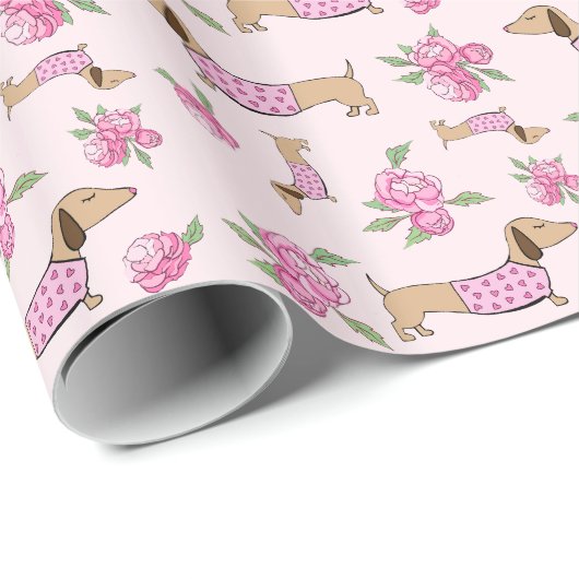 Dackel Wrapping Paper Pink Floral Geschenkwrap Geschenkpapier (Rolleneckpunkt)