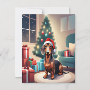 Dackel Würstchen Hund in der Weihnachtsmannmütze W Feiertagskarte