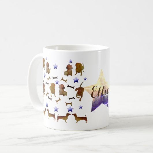 Dackeln & Hundenknochen Aquarell Individuelle Name Kaffeetasse (Vorderseite Links)