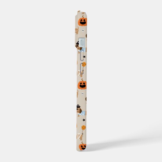 Dackeln im Halloween-Kostümmuster iPhone 15 Hülle (Linke Seite)