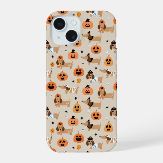 Dackeln im Halloween-Kostümmuster iPhone 15 Hülle (Rückseite)