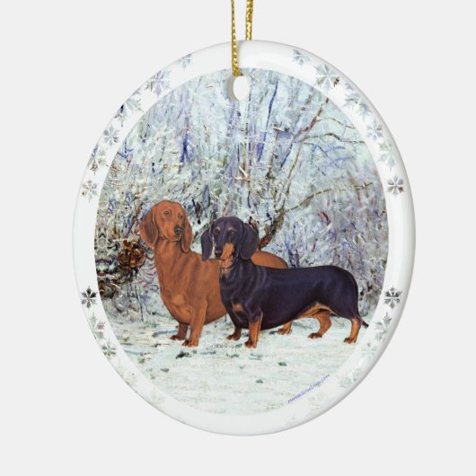 Dackeln im Schnee Keramik Ornament (Links)