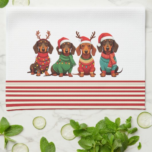 Dackeln in Antlers & Weihnachtsmannmützen: Weihnac Geschirrtuch (Gefaltet)