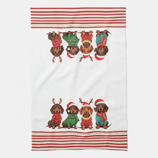 Dackeln in Antlers & Weihnachtsmannmützen: Weihnac Geschirrtuch (Vertikal)