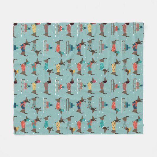 Dackeln mit Geschenken und Schlitten Muster Fleecedecke (Vorderseite (Horizontal))