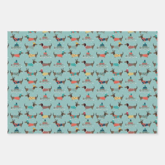 Dackeln mit Geschenken und Schlitten Muster Geschenkpapier Set (Vorderseite 2)