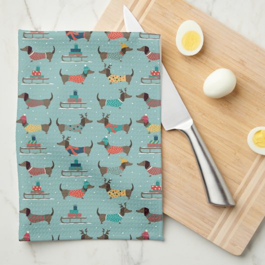 Dackeln mit Geschenken und Schlitten Muster Geschirrtuch (Viertel Falte)