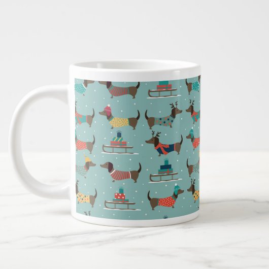 Dackeln mit Geschenken und Schlitten Muster Jumbo-Tasse (Links)