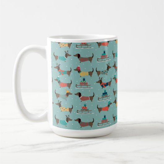 Dackeln mit Geschenken und Schlitten Muster Kaffeetasse (Links)