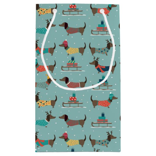 Dackeln mit Geschenken und Schlitten Muster Kleine Geschenktüte (Rückseite)