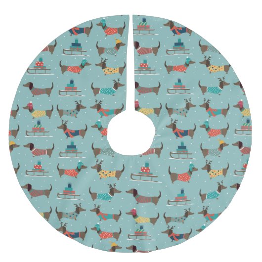 Dackeln mit Geschenken und Schlitten Muster Polyester Weihnachtsbaumdecke (Vorderseite)