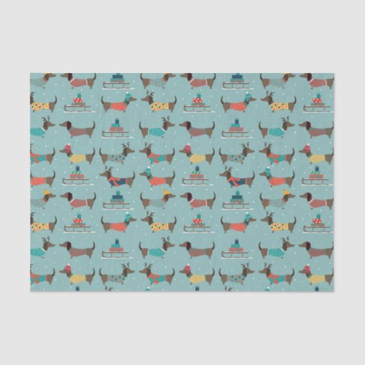 Dackeln mit Geschenken und Schlitten Muster Seidenpapier (Vorderseite)