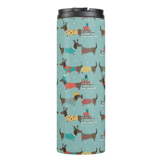 Dackeln mit Geschenken und Schlitten Muster Thermosbecher (Rückseite)