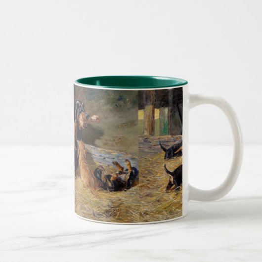 Dackeln mit Welpe in der stabilen Hermine Bieder Zweifarbige Tasse (Rechts)