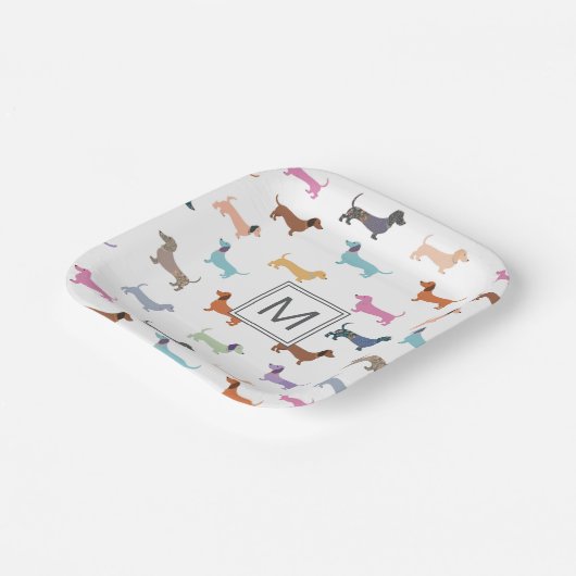 Dackeln Muster Farbvolles Party Mit Monogramm Pappteller (Gewinkelt)