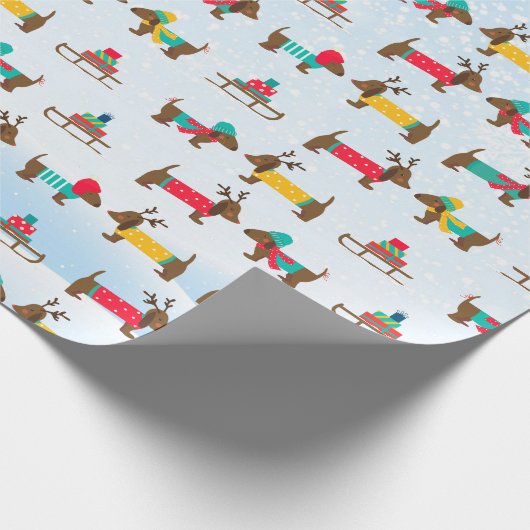 Dackeln Rentier Sledge Snow Weihnachtsmuster Geschenkpapier (Ecke)