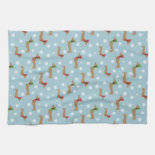 Dackeln und Schneeflocken auf blau Geschirrtuch (Horizontal)