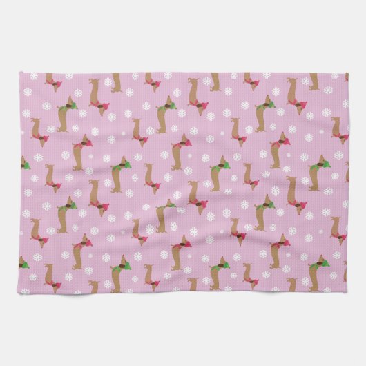 Dackeln und Schneeflocken in rosa Geschirrtuch (Horizontal)