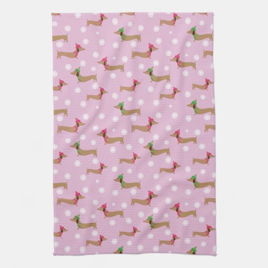 Dackeln und Schneeflocken in rosa Geschirrtuch (Vertikal)