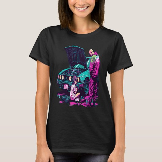 Dad and Daughter Fixing Car Retro Pop Car Mechanic T-Shirt (Vorderseite)