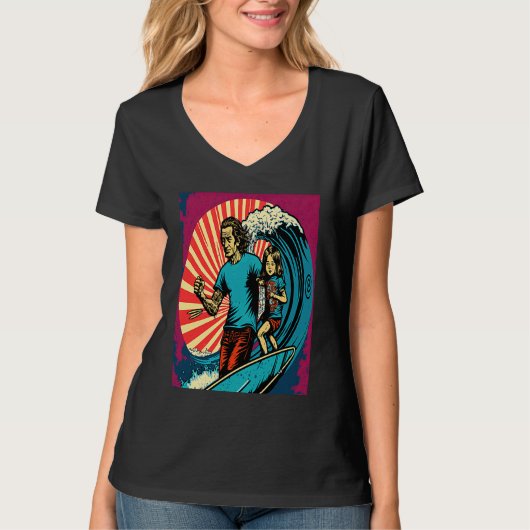 Dad And Daughter Surfing Retro Pop Surfer Dad 3 T-Shirt (Vorderseite)