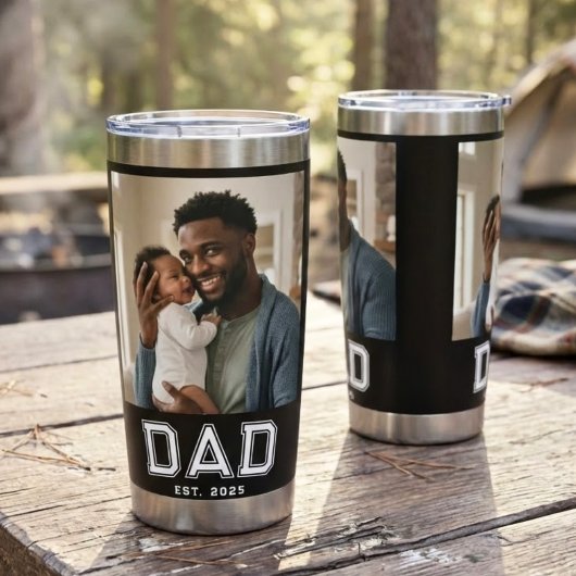 Dad Established 2 Photo Collage Customized Black Thermobecher
