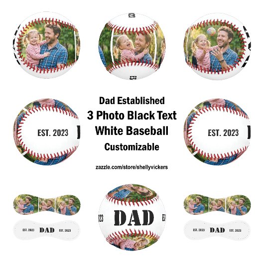 Dad Established 3 photo Black Text White Baseball