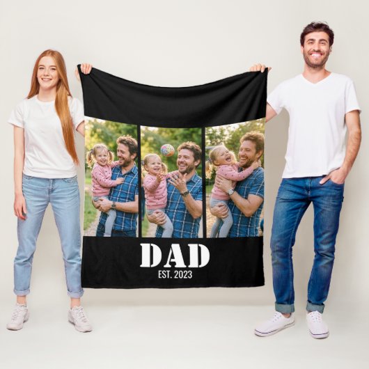 Dad Established 3-Photo Bold White & Black Modern Fleecedecke (Beispiel)