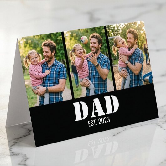 Dad Established 3-Photo Bold White & Black Modern Karte