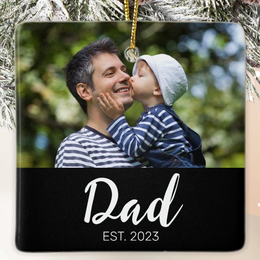 Dad Established Black White Script Photo Keramikornament