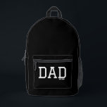 Dad Established Customizable Year Father's Day  Bedruckter Rucksack<br><div class="desc">Carry fatherhood pride everywhere with this black backpack featuring bold white “Dad Est.” typography, designed to celebrate the year someone became a dad. The striking contrast of crisp white lettering against a sleek black background creates a clean, modern look that makes this backpack both meaningful and stylish. Perfect for everyday...</div>