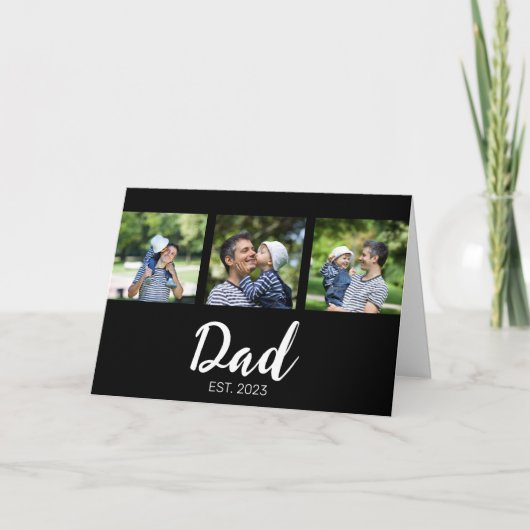 Dad Established Elegant Script Black 3 Photo Karte (Vorderseite)