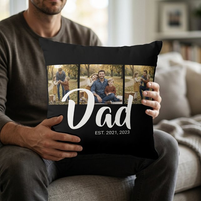 Dad hat modernes Skript Schwarz 3 Foto eingerichte Kissen (Dad Established Modern Script Black 3 Photo Throw Pillow)