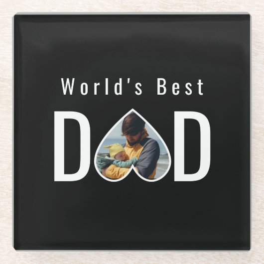 Dad Photo in Black Heart Frame Modern Text Glasuntersetzer (Vorderseite)