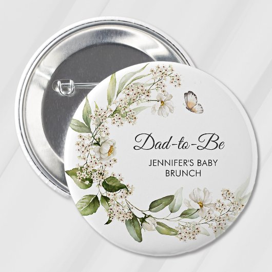 Dad-to-Be White Peonies Boho Baby Shower/Brunch Button