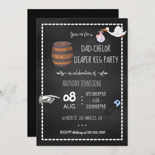 Dadchelor Baby Duschkabine Keg Party Chalkboard Einladung (Vorne/Hinten)