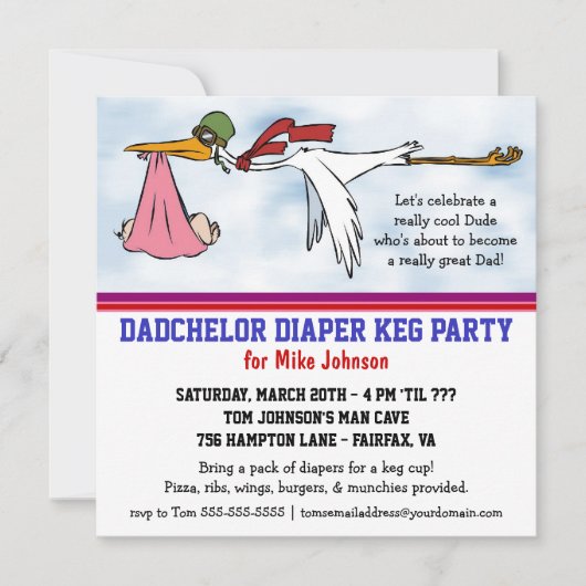 Dadchelor Diaper Keg New Dad Niedlich Stork Einlad Einladung (Vorderseite)