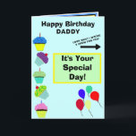 Daddy Birthday Blue Cupcake Tower Kids Artwork Karte<br><div class="desc">Happy Birthday DADDY ist in rot und schwarz Typografie vor helltürkisblauem Hintergrund mit bunten Ballons geschrieben. Yummy Vanille und Schokolade dekorierte Kuchen. Es ist Ihr besonderer Tag ist gegen hellbeige grün und gelb geometrischen Rechteck geschrieben. Inside links hat Geburtstag wünscht DADDY in blauer Typografie und fliegenden Ballons. Blauer und schwarzer...</div>