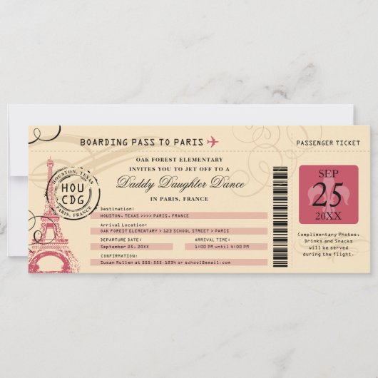 Daddy Daughter Dance Paris France Boarding Pass Einladung (Vorderseite)