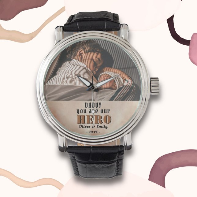 Daddy Hero Watercolor Father's Day Foto Watch Armbanduhr (Von Creator hochgeladen)