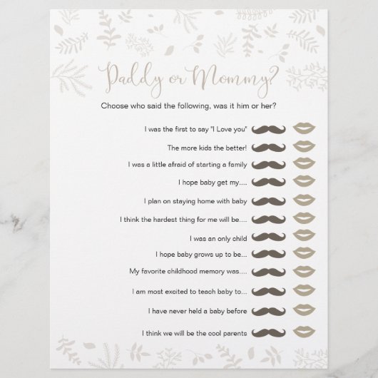 Daddy oder Mommy Forest Blätter Baby Shower Game (Vorderseite)