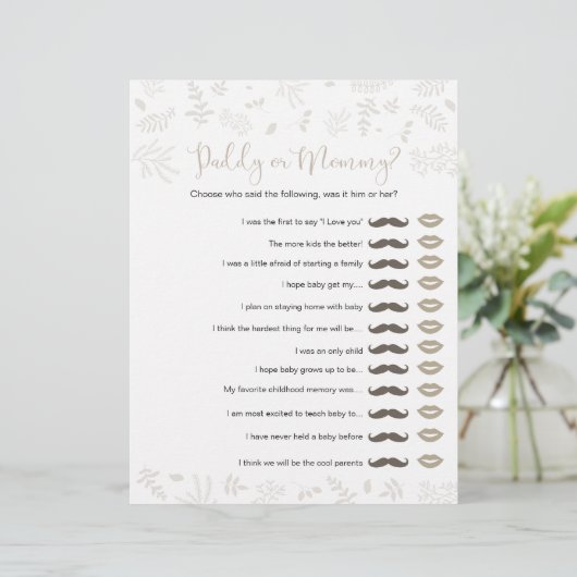 Daddy oder Mommy Forest Blätter Baby Shower Game (Stehend Vorderseite)