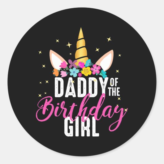 Daddy Of The Birthday Girl Father Gift Unicorn Runder Aufkleber (Vorderseite)