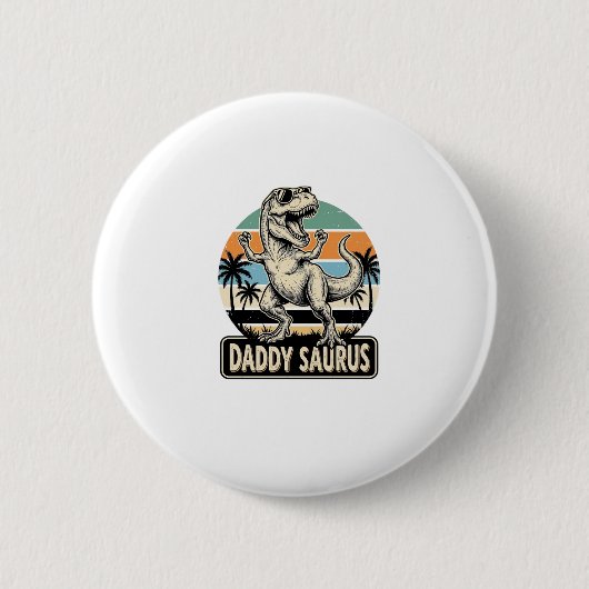 Daddy Saurus Retro-Dinosaur-Sonnenuntergangs-Shirt Button (Vorderseite)