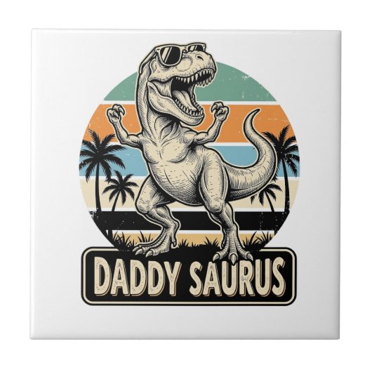 Daddy Saurus Retro-Dinosaur-Sonnenuntergangs-Shirt Fliese (Vorderseite)