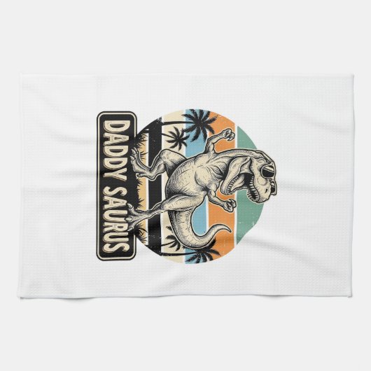 Daddy Saurus Retro-Dinosaur-Sonnenuntergangs-Shirt Geschirrtuch (Horizontal)