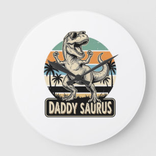 Daddy Saurus Retro-Dinosaur-Sonnenuntergangs-Shirt Große Wanduhr
