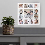 Daddy Script Family Memory Foto Grid Collage Quadratische Wanduhr<br><div class="desc">Ein wunderschönes personalisiertes Geschenk für Ihren Vater, das er noch jahrelang schätzen wird. Mit einem modernen, dreizehn Foto Gitter-Collage-Layout können 13 eigene Erinnerungen für Fotos Ihrer eigenen Familie angezeigt werden. "Vater" entworfen in einem schönen handgeschriebenen schwarzen Skriptstil. Jedes Foto ist mit einem einfachen goldfarbenen Rahmen gerahmt. Einfache schwarze Herzen und...</div>