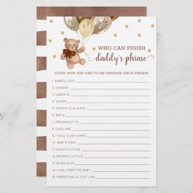 Daddy's Phrase Game Baby Shower Teddy Bär (Vorne/Hinten)