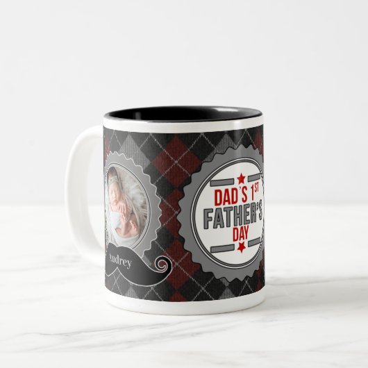 Dad's 1st Father's Day Custom Mustache 2-Photo Zweifarbige Tasse (Vorderseite Links)